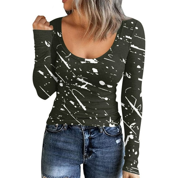 Feternal Women's Autumn And Winter Slim Bottom T-shirt Fashion Casual Retro Printed U Neck Pullover Long Sleeve Top