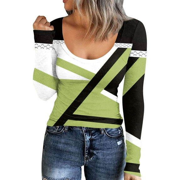 Feternal Women's Autumn And Winter Slim Bottom T-shirt Fashion Casual Retro Printed U Neck Pullover Long Sleeve Top