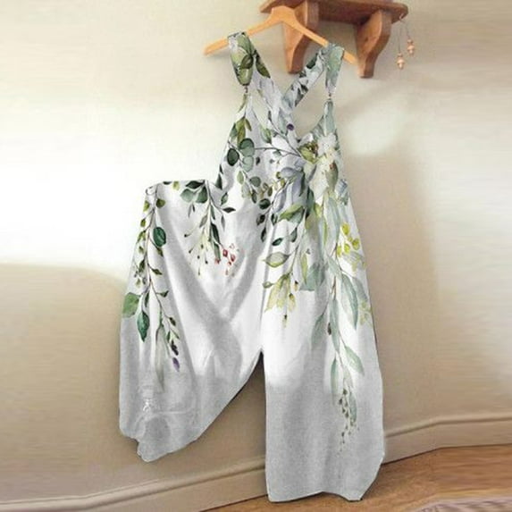 Feternal Women's Plus Size Fashion Printed Loose Casual Strap Back Wide Leg Jumpsuit rompers for women summer