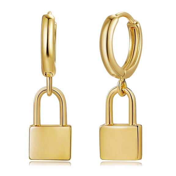 Fettero 14K Gold Plated Simple Boho Hypoallergenic Huggie Hoop Lock Drop Earrings Jewelry Gift for Women