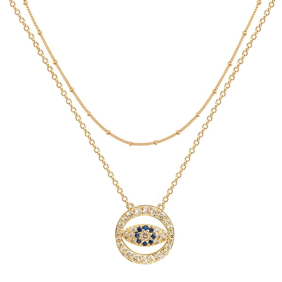 Fettero 14k Gold Plated Chain Pendent Round Eyes with Blue Diamond Necklace Dainty Jewelry for Women