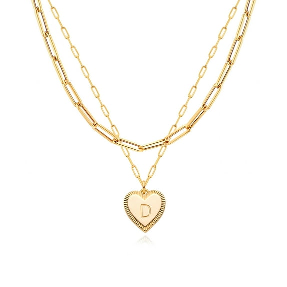 Fettero 14k Gold Plated Personalized Layered Chunky Paperclip Initial Heart Chain Pendant Necklace for Women (Letter D)