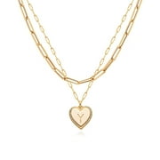 Fettero 14k Gold Plated Personalized Layered Chunky Paperclip Initial Heart Chain Pendant Necklace for Women (Letter Y)