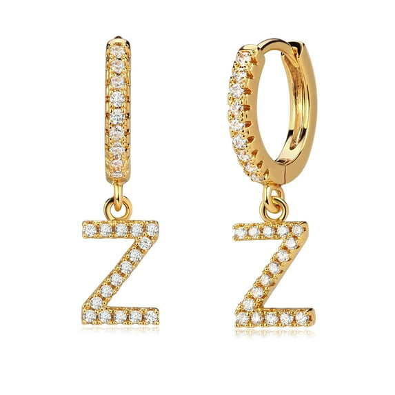 Fettero 18K Gold Plated Diamond Cubic Zirconia Alphabet Letter Dangle Drop Huggie Hoop Initial Earrings Jewelry Gift for Women