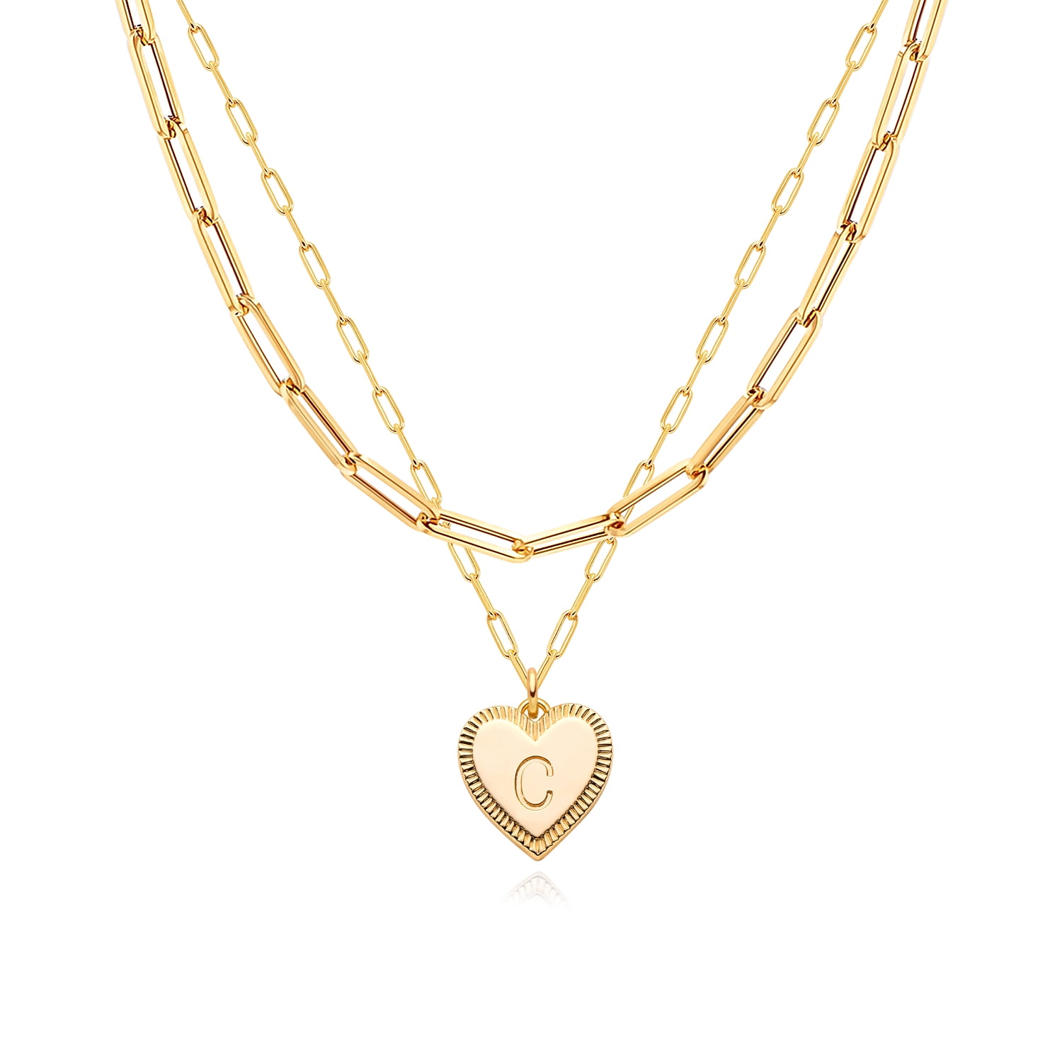 Fettro 14k Gold Plated Personalized Layered Chunky Paperclip Initial Heart Chain Pendant Necklace for Women Jewelry Gift (Letter C)