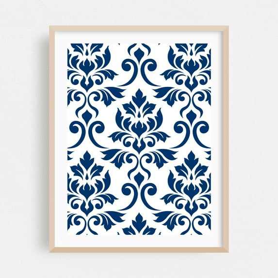 Feuille Damask Dark Blue on White - Digital Art Pattern Floral Geometric Art Deco Victorian Oak Framed Wall Art Print 18 x 24 inches