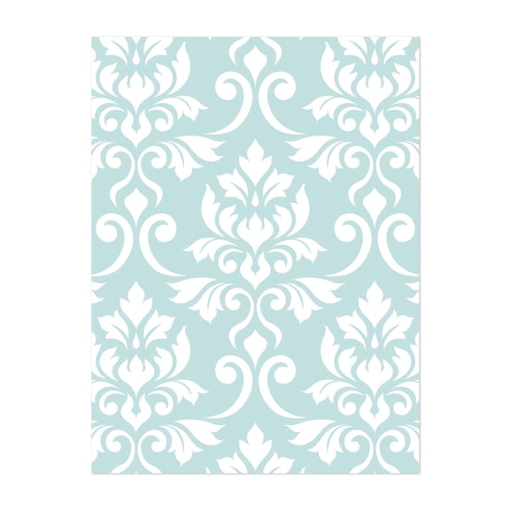 Feuille Damask White on Duck Egg Blue - Digital Art Pattern Floral Vintage Art Deco Pastel Geometric Victorian Unframed Wall Art Print 36 x 48 inches