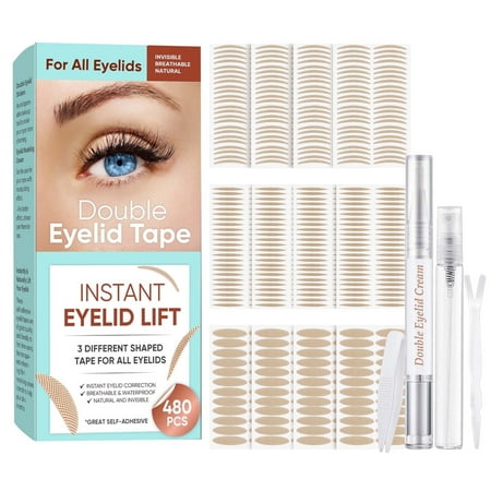 Invisible Double Eyelid Tape for Hooded Eyes - 480 Pcs Waterproof Eyelid Lift Strips, 3 Custom Shapes (Olive, Slim, Wide) for Instant Eye Definition, Skin-Friendly Makeup Tape Set