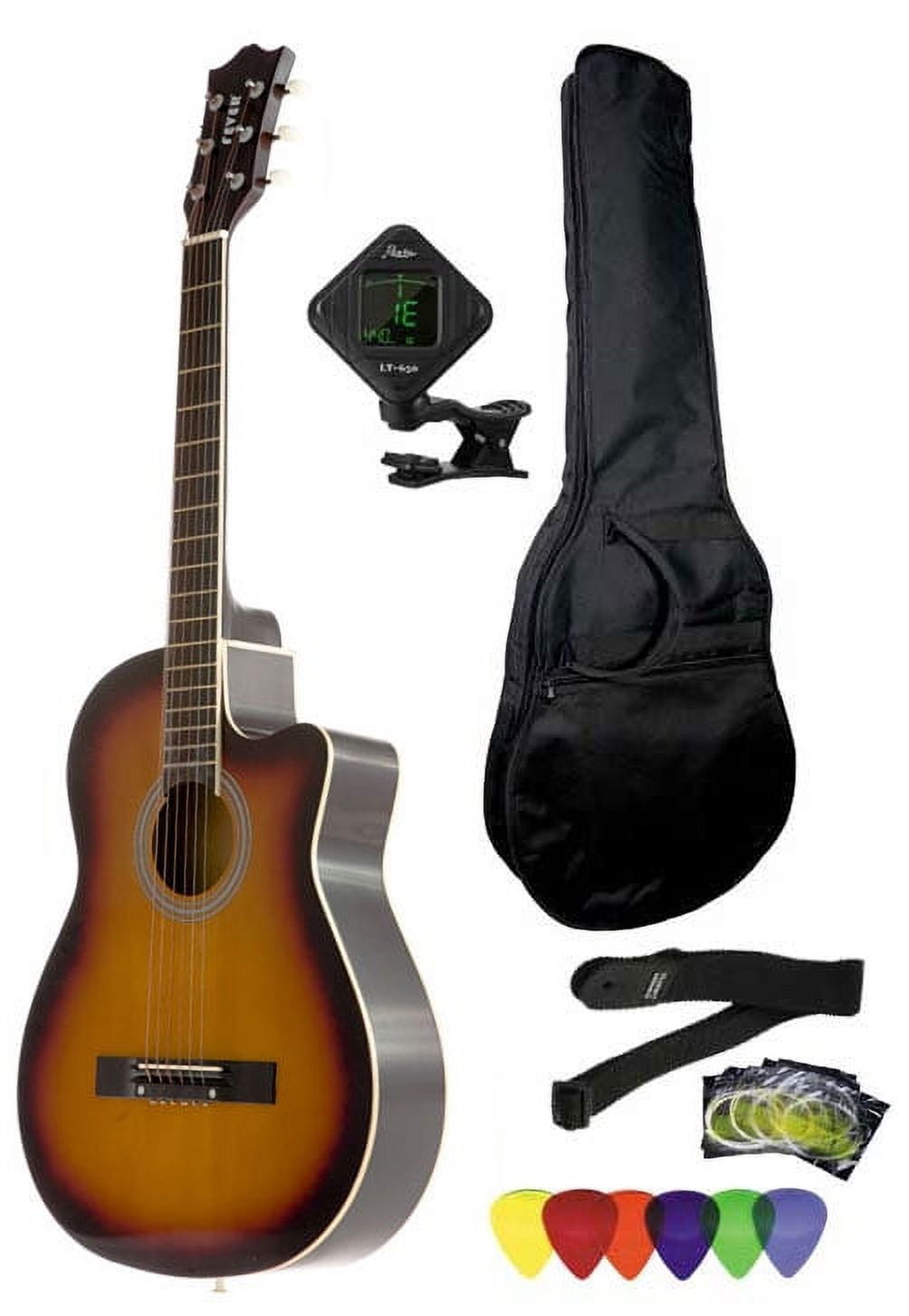 FEVER COLLECTION Fever 3/4 Size Acoustic Cutaway Guitar Package Sunburst with Gig Bag, Guitar Tuner, Picks and Strap, FV-030C-SB-PACK