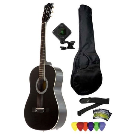 Fever 3/4 Size Acoustic Guitar Package Black with Gig Bag, Guitar Tuner, Picks and Strap, FV-030-BK-PACK