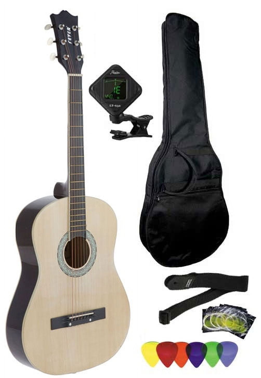 FEVER COLLECTION Fever 3/4 Size Acoustic Guitar Package Natural with Gig Bag, Guitar Tuner, Picks and Strap, FV-030-NT-PACK