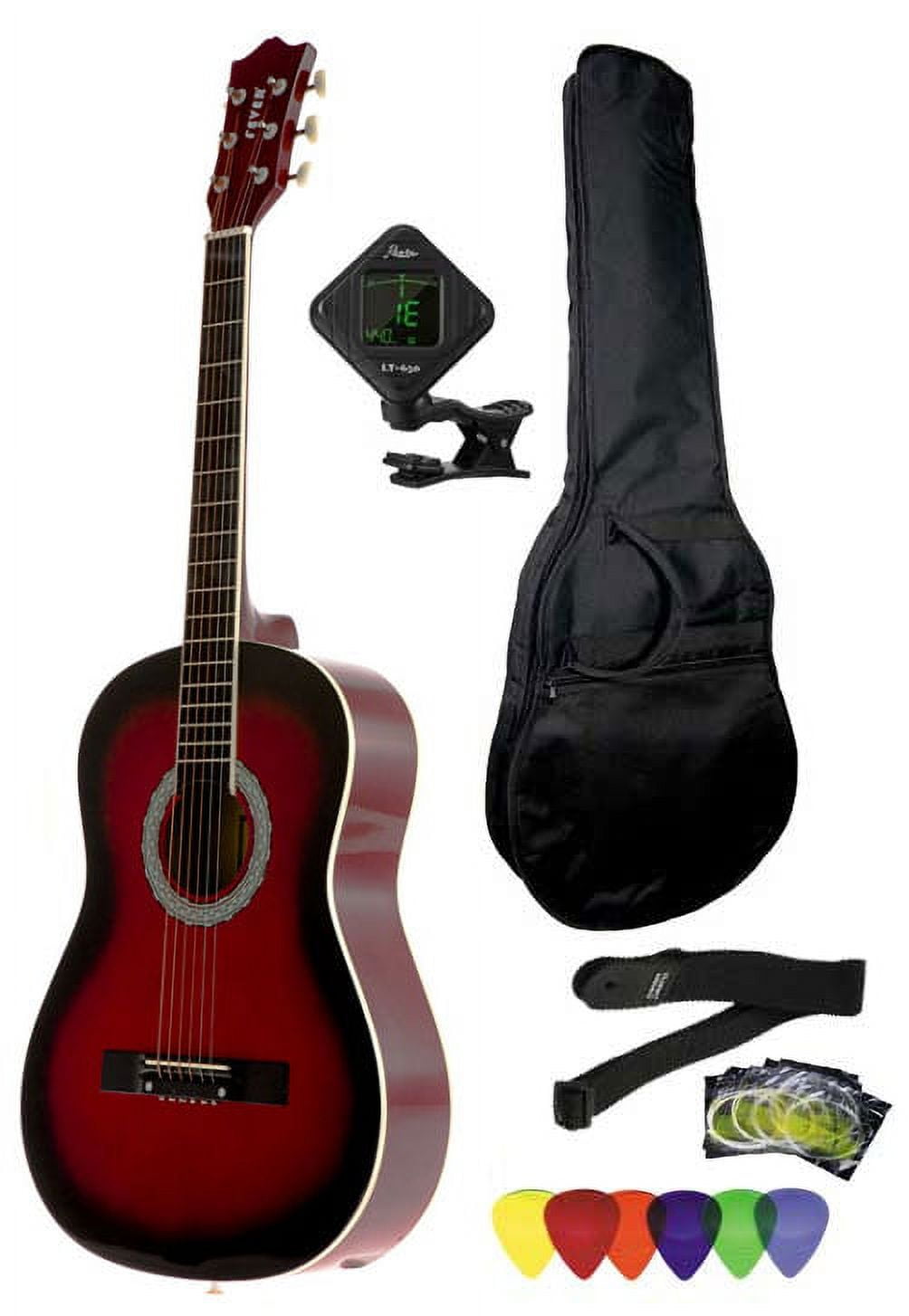FEVER COLLECTION Fever 3/4 Size Acoustic Guitar Package Redburst with Gig Bag, Guitar Tuner, Picks and Strap, FV-030-DRD-PACK