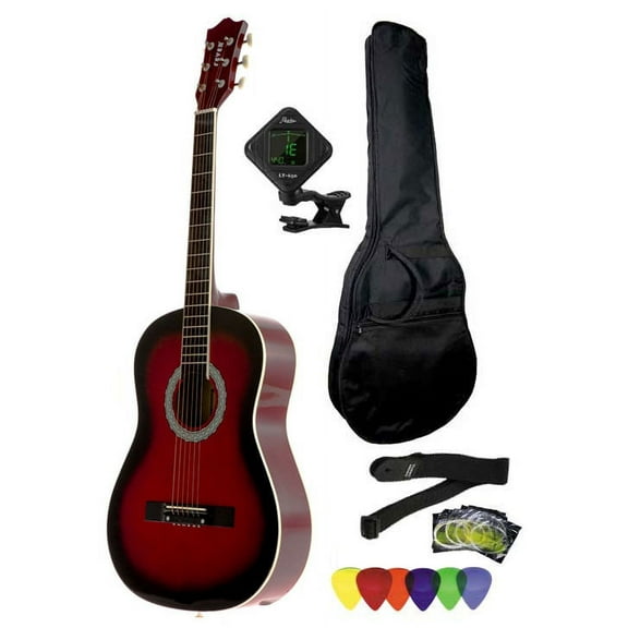 Fever 3/4 Size Acoustic Guitar Package Redburst with Gig Bag, Guitar Tuner, Picks and Strap, FV-030-DRD-PACK