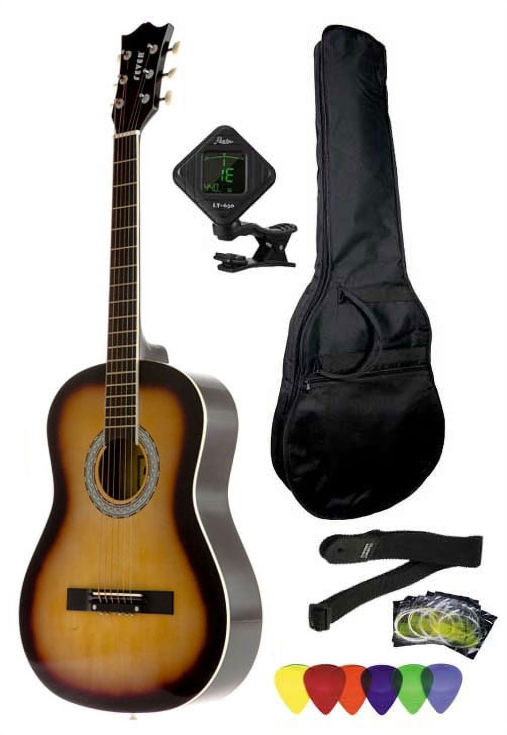 FEVER COLLECTION Fever 3/4 Size Acoustic Guitar Package Sunburst with Gig Bag, Guitar Tuner, Picks and Strap, FV-030-SB-PACK