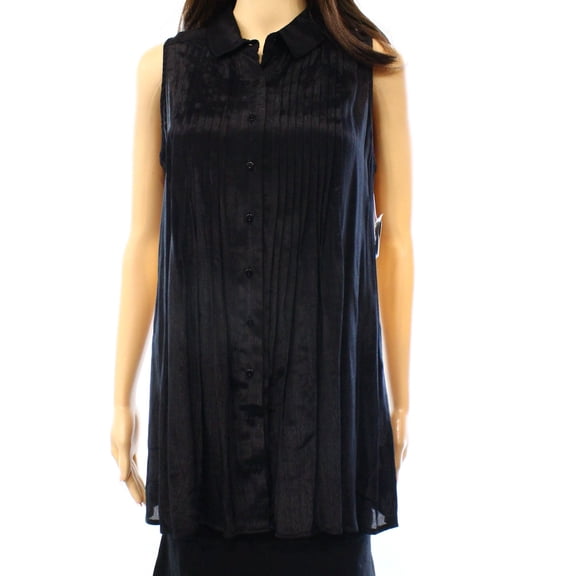 Fever Black Women's Size Medium M Sheer Pleated Tank Button Down Shirt