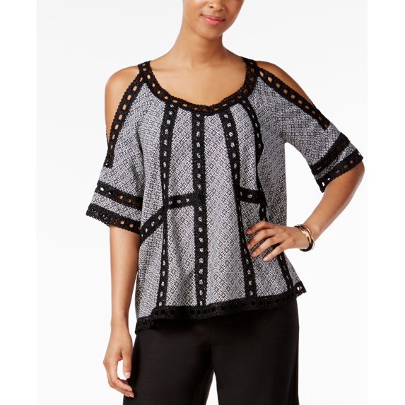 Fever Cold Shoulder Top Blackwhite Print M