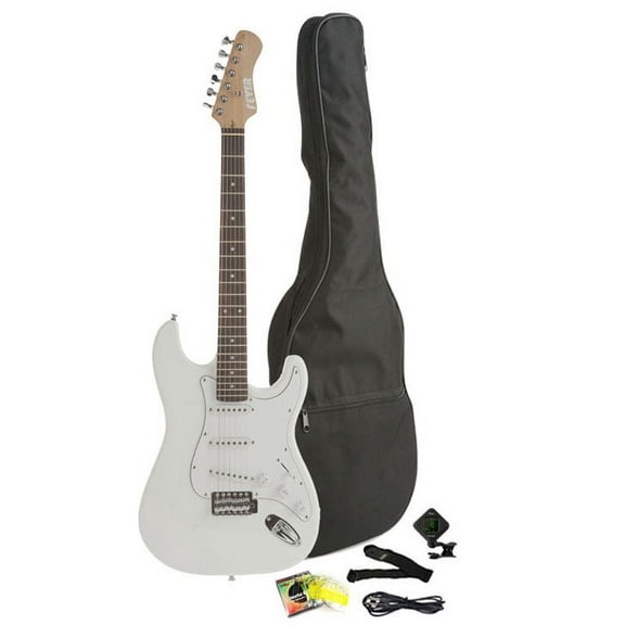Fever Full Size Electric Guitar with Gig Bag, Clip on Tuner, Cable, Strap and Strings Color White, A600-WH
