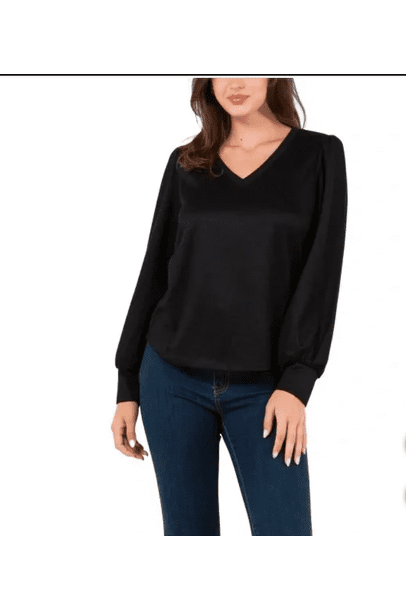 Fever Ladies Rib Knit Long Sleeve V-neck Top, Black, XXL