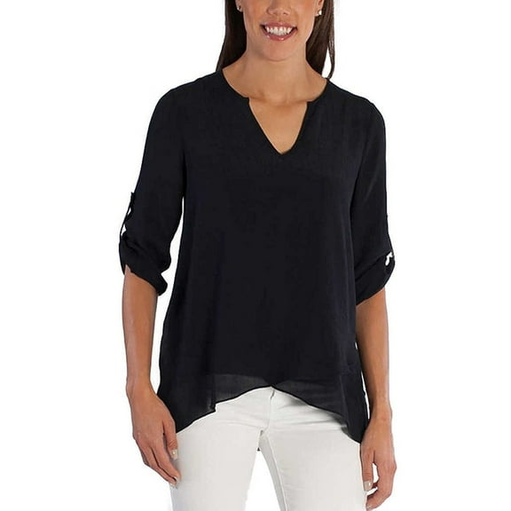 Fever Ladies’ Roll Tab Blouse, Black, XS