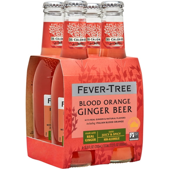 Fever-Tree Blood Orange Ginger Beer , 4 Pack, 200 ML Glass Bottles, 0% ABV