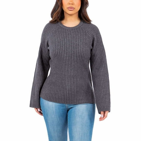 Fever Women's Bell Sleeve Soft Marled Ribbed Knit Crewneck Sweater-Gray / S