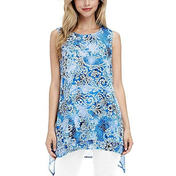 Fever Women's Double Layer Sleeveless Blouse (Blue Mosaic Glass, Medium) - NEW