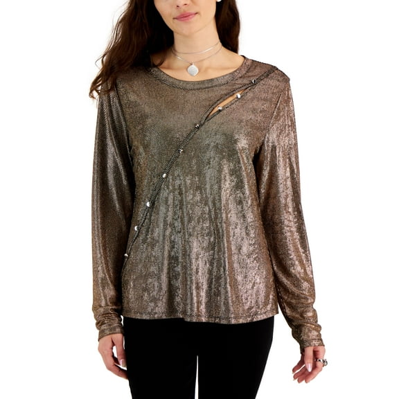 Fever Womens Asymmetrical Button Trim Long Sleeve Top Copper M