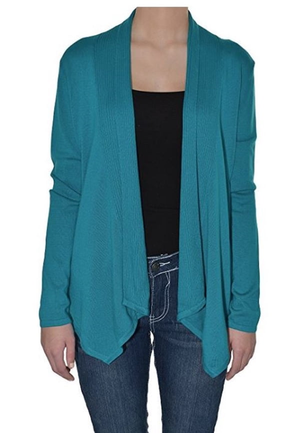 Fever Womens Cardigan, Long Open Front, Asymmetrical, Ribbed Details (Emerald Teal, Small)