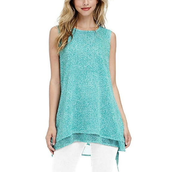 Fever Womens Double Layer Sleeveless Blouse (Medium, Aqua Speckle Grid)