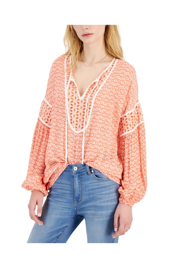 Fever Womens Floral Print Tie Neck Pullover Top