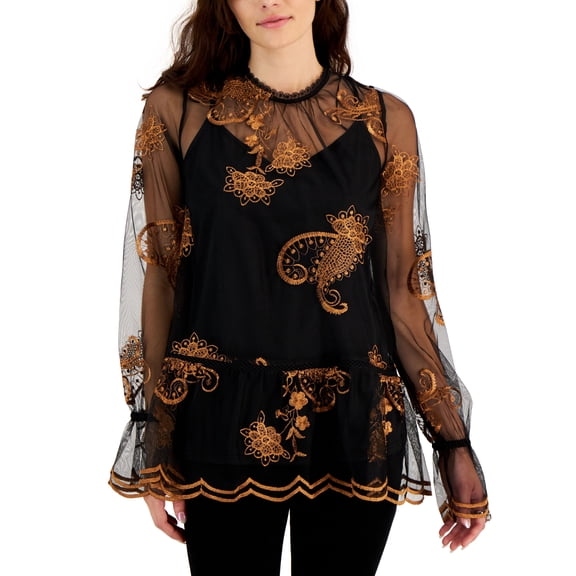 Fever Womens Printed Embroidered Mesh Long Sleeve Top Black Bronze S