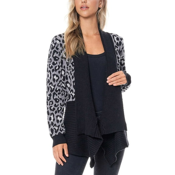 Fever Womens Waterfall Cardigan,Leopard Gray Heather,L
