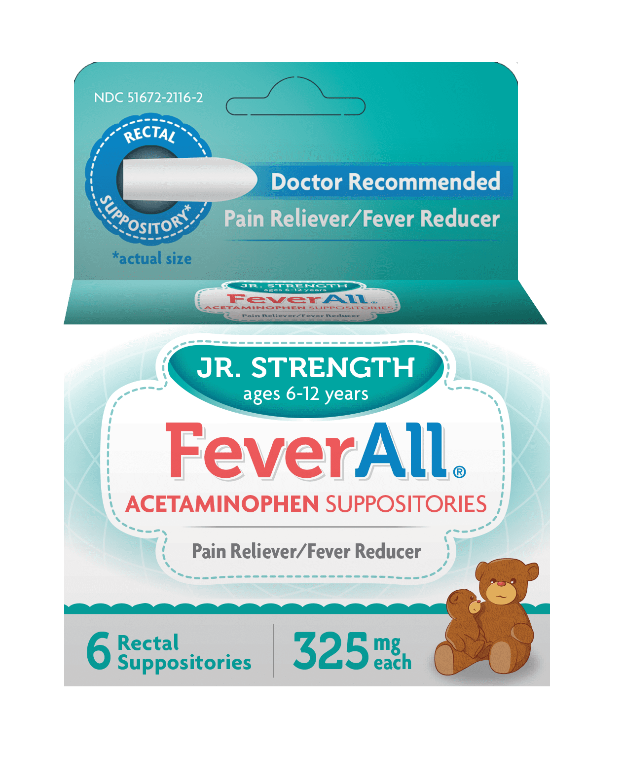 Feverall Children Acetaminophen Suppositories 6 Rectal Suppositories 325mg Each Pain Reliever/Fever Reducer. Paraben Free, No Artificial Colors or Other preservatives. Ages 6-12 Years