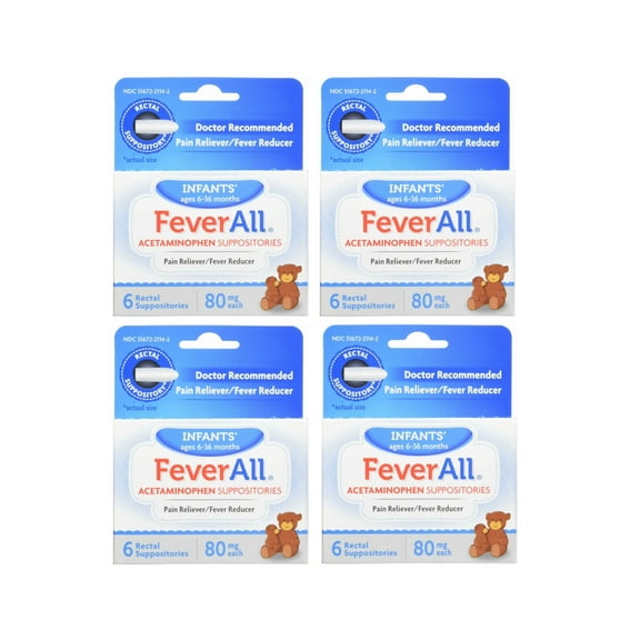 FeverAll Infants Acetaminophen Suppositories 6 Rectal Suppositories 80mg each (Pack of 4)