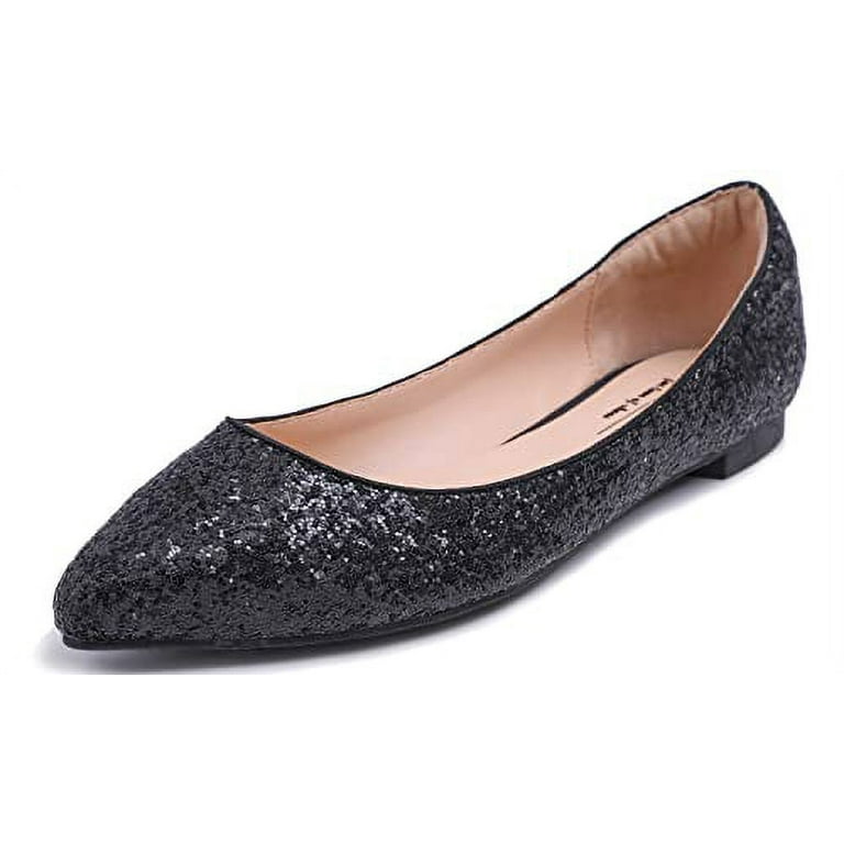 Feversole Women s Sparkle Memory Foam Cushioned Colorful Shiny Ballet Flats Glitter Black Pointed Size 9 M US