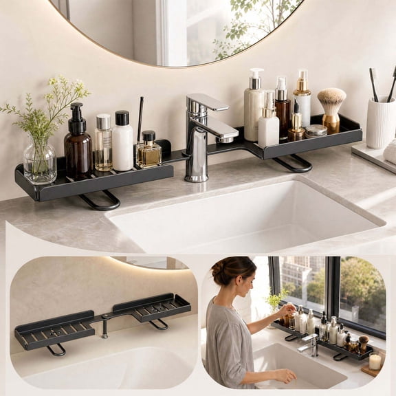 Fevone 15cm Adjustable Faucet Shelf, No-Drill Carbon Steel Over Sink Storage Rack, 180 Rotating Bathroom Organizer for Cosmetics & Sponge, 10 lb Capacity, 19.7 in