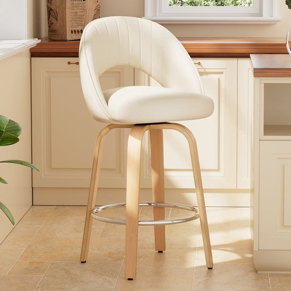 FevorFurn 26 Inch Swivel Bar Stools, Counter Height Bar Chairs for Kitchen, Velvet Fabric Island Chairs with Back, Thickened Cushion, Wood-Frame, Automatic Seat-return to Center,Light White
