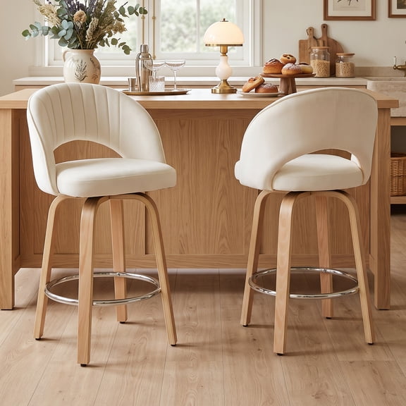 FevorFurn 26 Inch Swivel Bar Stools Set of 2, Counter Height Bar Chairs for Kitchen, Velvet Fabric Island Chairs with Back, Thickened Cushion, Wood-Frame, Automatic Seat-return to Center,Light White