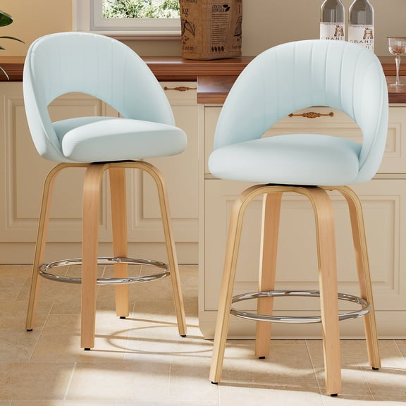 FevorFurn 26 Inch Swivel Bar Stools Set of 2, Counter Height Bar Chairs for Kitchen, Velvet Fabric Island Chairs with Back, Thickened Cushion, Wood-Frame, Automatic Seat-return to Center,Light Blue