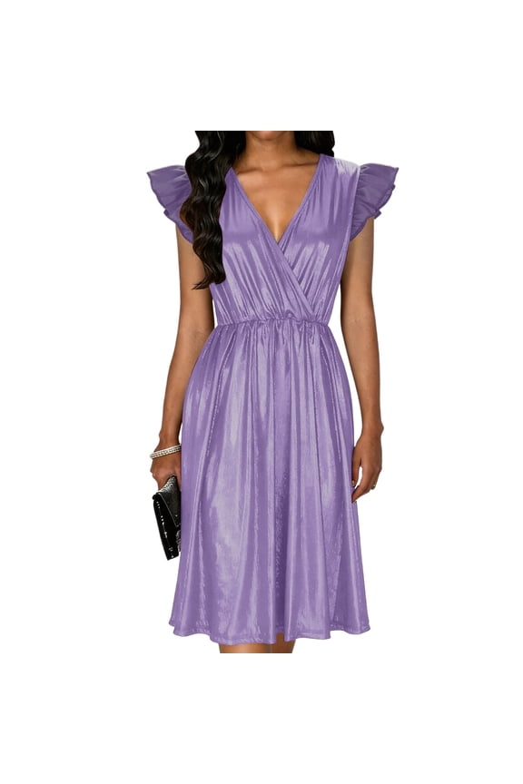 Fewfanho Casual Dresses for Women Elegant V Neck Ruffle Flutter Sleeves Pleated Flowy Wedding Guest Dress