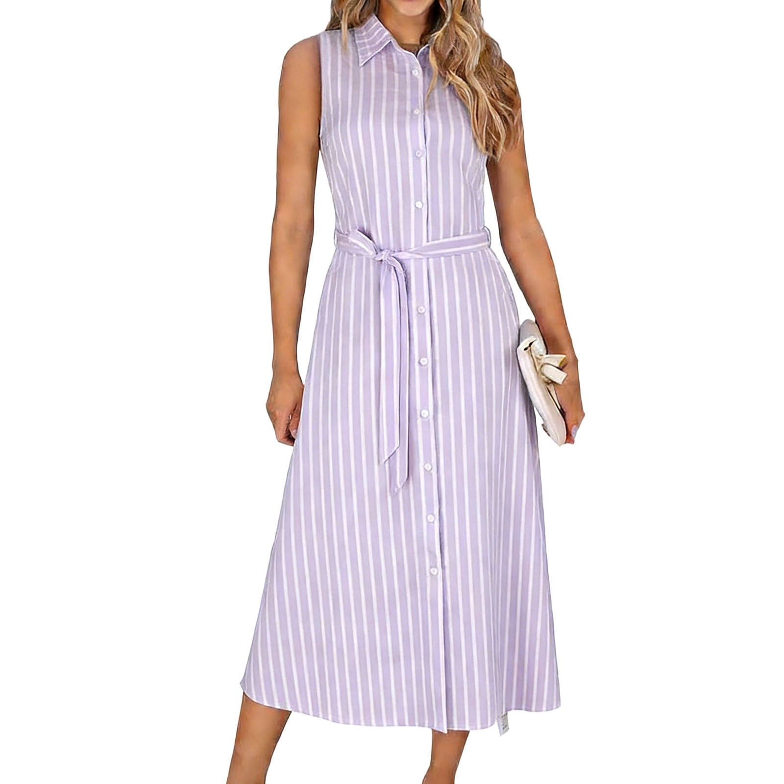 Fewfanho Women's Dresses Casual Sleeveless Striped Shirt Dress Button ...