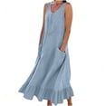 thumbnail image 1 of Fewfanho Women's Dresses Linen Summer Ruffle Midi Sleeveless Ladies Dress V-Neck Pocket Skirt, 1 of 5