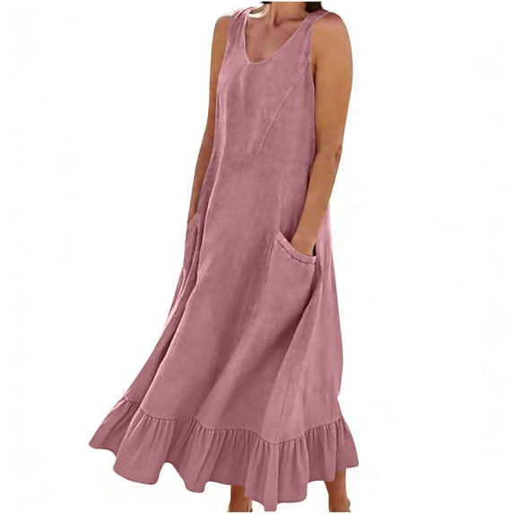 Fewfanho Women's Dresses Linen Summer Ruffle Midi Sleeveless Ladies Dress V-Neck Pocket Skirt