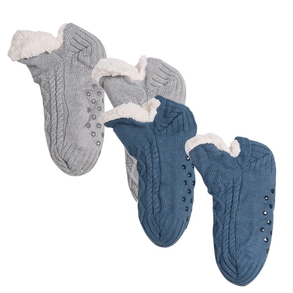 Fewfanhot 2 Pack Kids Cable Knit Fleece Lined Slipper Socks, Winter Non Slip Warm Thick Crew House Socks for Age 3-10