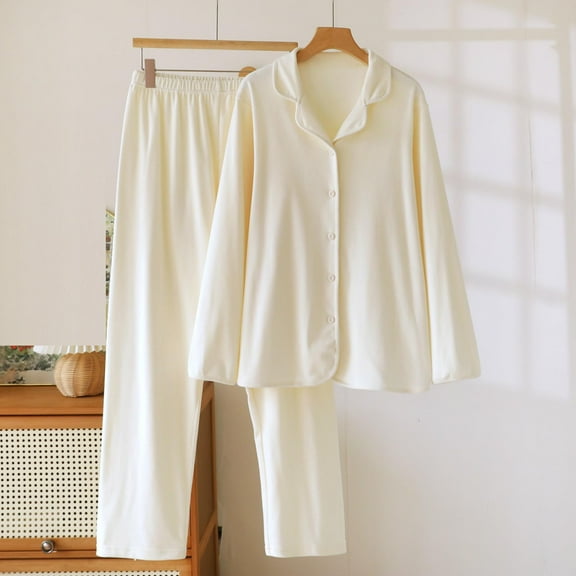 Fewfanhot 2 Piece Lounge Set Women Button Down Notch Collar Soft Short Sleeve Pjs Set with Long Pant Set Lounge Set