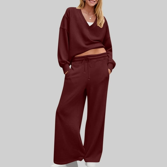 Fewfanhot 2 Piece Sets for Women Casual V Neck Shirts Wide Leg Running Long Pants Loose Workout Tracksuit Sets