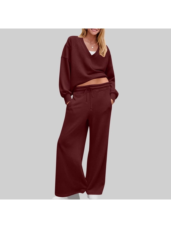2 Piece Sets for Women Casual V Neck Shirts Wide Leg Running Long Pants Loose Workout Tracksuit Sets