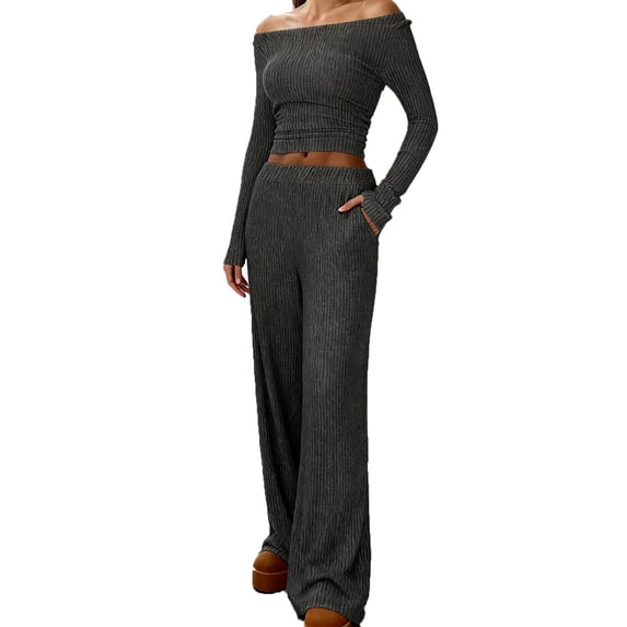 Fewfanhot 2 Piece Sets for Women Long Sleeve Off Shoulder Top & High Waist Wide Leg Pants Set, Cozy Fall Winter Casual Outfit, Lounge Wear Set