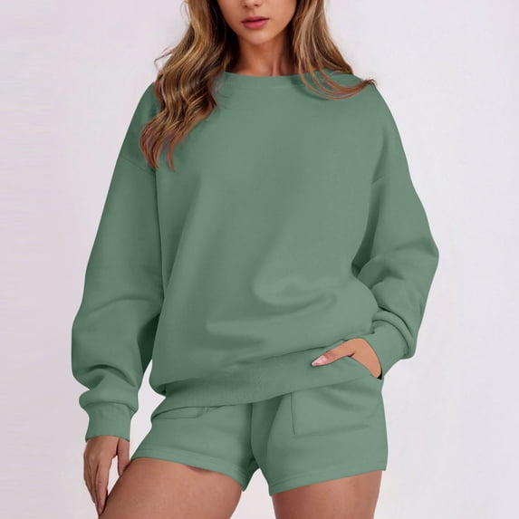 Fewfanhot 2 Piece Sets for Women Sweatsuit Casual Long Sleeve Pullover and Shorts Sets Travel Tracksuit
