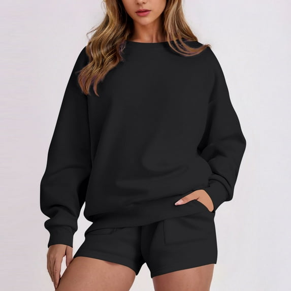 Fewfanhot 2 Piece Sets for Women Sweatsuit Casual Long Sleeve Pullover and Shorts Sets Travel Tracksuit